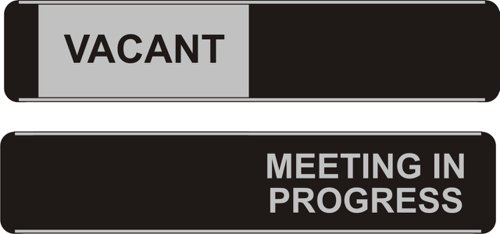 28636SS | Black/silver sliding sign. Aluminium and PVC door sign with slider to give a dual message used for informing people whether they may enter a room or not. With self adhesive strip for easy fixing. Size: 225 x 52mm. Vacant/Meeting in Progress.