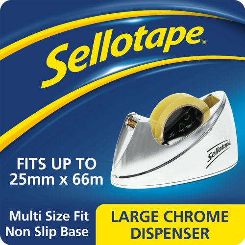 38140HK | This Sellotape dispenser has a sleek chrome finish and a non-slip base, which is ideal for bench and desk dispensing in office and industrial environments. The stylish, executive look is combined with a durable design for long lasting, effective use. Suitable for rolls of Sellotape measuring up to 25mm wide and 66m long.