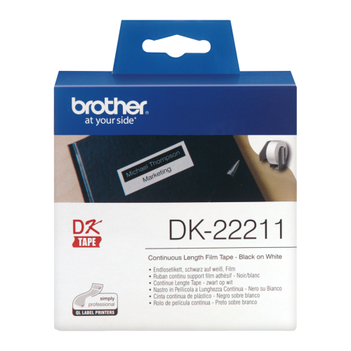 BRDK22211 | This Black on White DK-22211 Continuous Film Label Roll has been rigorously tested by the Brother team to be as durable and dependable as possible. The refill tape uses the latest in direct thermal printing technology, and comes complete with permanent adhesive for stronger sticking powerPerfect for creating notices in a variety of shapes and sizes, the DK-22211 was developed to offer you creative freedom when producing custom made signage, by simply cutting the tape yourself – depending on your required dimensions.