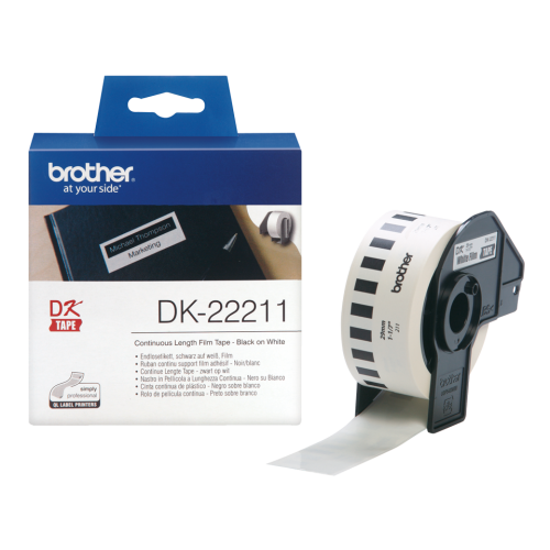 BRDK22211 | This Black on White DK-22211 Continuous Film Label Roll has been rigorously tested by the Brother team to be as durable and dependable as possible. The refill tape uses the latest in direct thermal printing technology, and comes complete with permanent adhesive for stronger sticking powerPerfect for creating notices in a variety of shapes and sizes, the DK-22211 was developed to offer you creative freedom when producing custom made signage, by simply cutting the tape yourself – depending on your required dimensions.