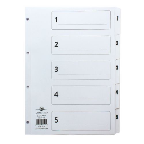 Concord Classic Index 1-5 A4 180gsm Board White with Clear Mylar Tabs 00501/CS5  39127CC