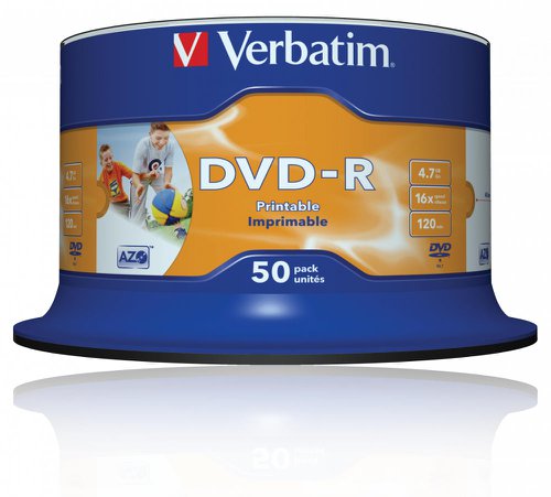 VER043533 | When drive manufacturers test their products, they use Verbatim media. It’s the global No.1 for a reason - guaranteed quality. Due to the extensive research and development undertaken over the past 50 years, Verbatim is able to provide the highest quality discs which ensure that all your data will be safely stored and will last a lifetime.Optical discs provide the best solution for long-term safe and secure storage of your important files - ideal for all your precious photos, videos and documents that you want to keep forever. They are dust and water resistant and can withstand wide changes in temperature and humidity.Verbatim DVDs feature HardCoat Scratch Guard to protect against fingerprints and dust build up, reducing recording or playback errors.AZO is patented technology used exclusively by Verbatim. It provides the ultimate resistance to UV light for increased protection and reliability.Verbatim printable discs feature a printable surface designed for use with your inkjet printer. These discs allow you to print whatever you wish across the entire surface of the disc.