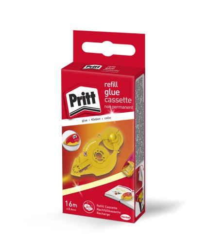 38210HK | Cassette for Pritt refillable glue roller. Dries instantly for immediate bonding. Convenient way to apply adhesive. Non-permanent glue allows material to be repositioned.