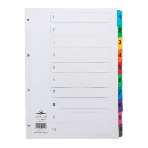 Concord Classic Index 1-10 A4 180gsm Board White with Coloured Mylar Tabs 00401/CS4