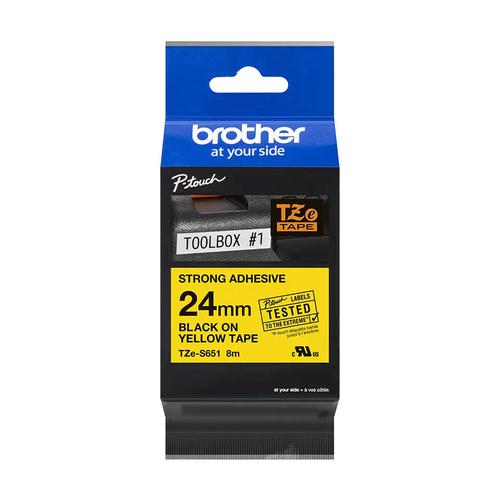 BRTZES651 | This genuine Brother TZE-S651 labelling tape cassette is guaranteed to provide you with crisp, sharp and easily readable labels that last.The special strong adhesive offers more sticking power to ensure your label stays attached on rough or uneven surfaces.Equally handy in the home, office or workplace, this laminated black on Yellow TZE-S651 labelling tape can be used to identify the contents of everything from file folders and shelves to USB flash drives, as well as cables and other equipment.These self-adhesive laminated labels have been developed to withstand extremes of temperatures, and are resistant to chemicals, abrasion, sunlight and submersion in water, making them suitable for both indoor and outdoor use.TZe tape cassettes are quick and easy to install, and come in various label widths, colours and materials - ensuring your P-touch machine meets all your labelling needs.