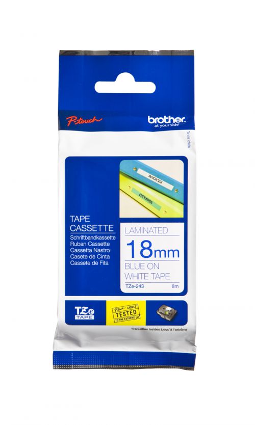 Brother P-Touch TZE Label Tape 18mm x 8m Blue on White TZe-243