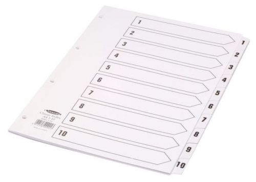 39078CC | Premium range of white board indexes with clear Mylar tabs and punch holes. Reinforced tabs and punch holes for durability. Contents page for easy titling and cross reference. Ideal for use in all commercial and professional environments. Punched 4 holes. Size: A4. Numbered 1-10.