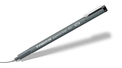 All purpose drawing pen with jet black pigment ink for particularly high contrasting lines that are waterproof lightfast and reproduce excellently. Point clad in stainless steel. 0.5mm.