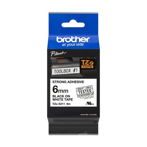 BRTZES211 | This genuine Brother TZe-S211 labelling tape cassette is guaranteed to provide you with crisp, sharp and easily readable labels that last.The special strong adhesive offers more sticking power to ensure your label stays attached on rough or uneven surfaces.Equally handy in the home, office or workplace, this laminated black on white TZe-S211 labelling tape can be used to identify the contents of everything from file folders and shelves to USB flash drives, as well as cables and other equipment.These self-adhesive laminated labels have been developed to withstand extremes of temperatures, and are resistant to chemicals, abrasion, sunlight and submersion in water, making them suitable for both indoor and outdoor use.TZe tape cassettes are quick and easy to install, and come in various label widths, colours and materials - ensuring your P-touch machine meets all your labelling needs.