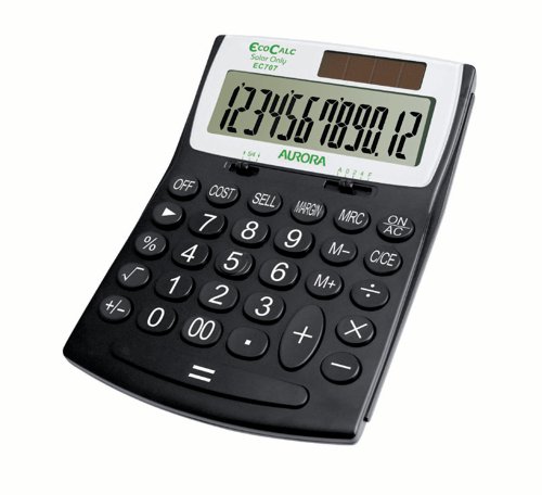 25997JG | The Aurora EC707 large desk EcoCalc, is made from recycled plastic, powered entirely by light and is totally battery free. It has a large 12 digit LCD display for easy viewing, hard plastic keys and large numerals for ease of use and Aurora’s patented long equals bar to enable speedy calculations. The handy Cost-Sell-Margin function is great for sales and gross profit calculations and the patented DirecKey feature means that this calculator turns on when any key is pressed, this key stroke will also register. So overall a great calculator that combines functionality with eco-friendly features.