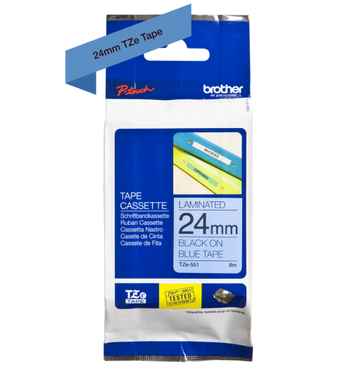 Brother Glossy Black On Blue Label Tape 24mm x 8m - TZE551