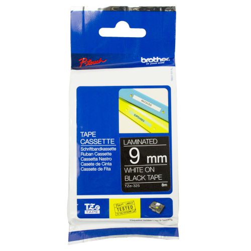 BRTZE325 | A laminate film on the tape protects text and colours from all kinds of agents such as chemicals abrasives etc commonly found in industrial environments.Tape is waterproof and extremely temperature resistant. P-touch tape TZ-325 9mm x 8m white on black.