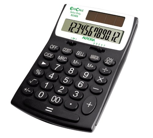 25990JG | The Aurora EC505 desk EcoCalc, is made from recycled plastic, powered entirely by light and is totally battery free. It has a large 12 digit LCD display for easy viewing, hard plastic keys and large numerals for ease of use and Aurora’s patented long equals bar to enable speedy calculations. The handy Cost-Sell-Margin function is great for sales and gross profit calculations and the patented DirecKey feature means that this calculator turns on when any key is pressed, this key stroke will also register. So overall a great calculator that combines functionality with eco-friendly features.