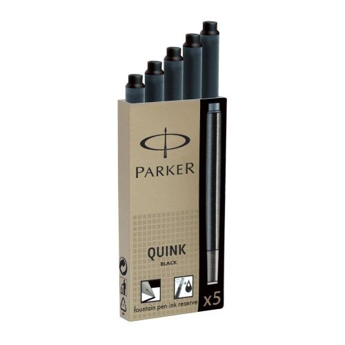 Parker Quink Long Ink Refill Cartridge for Fountain Pens Black (Pack 5)