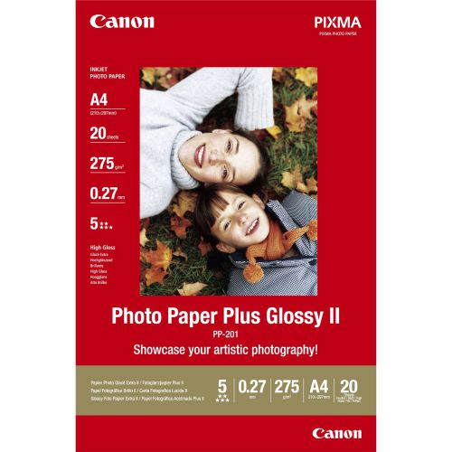 CAPP201A4 | Canon PP-201 photo paper plus glossy II. High quality heavyweight paper with authentic photo look and feel. Suitable for high image quality digital photos and reprints. 260gsm. Size: A4.