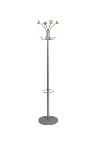 11122AL | Elegantly designed coat stand finished in light wood and metallic grey. Four coat pegs, four hooks for accessories and integral umbrella holder with detachable water retainer. Heavy base for stability. Base: 380mm diameter. Height: 1770mm.