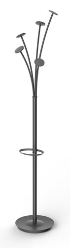 11143AL | Tubular coat stand. Supplied with integral umbrella holder and detachable water retainer. Heavy base for perfect stability. 5 pegs. Height: 1870mm. Base Diameter: 380mm. Metallic Black.