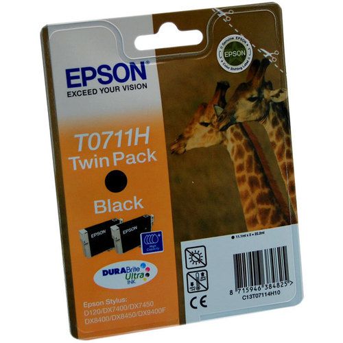Epson T0711H Giraffe Black Standard Capacity Ink Cartridge Twinpack 2 x 11ml (Pack 2) - C13T07114H10
