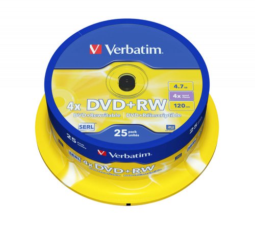 Verbatim DVD+RW 4X 25Pk Spindle 4.7GB Matt Silver 43489