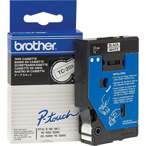 Brother Black On White PTouch Ribbon 12mm x 7.7m - TC201 Label Tapes BRTC201