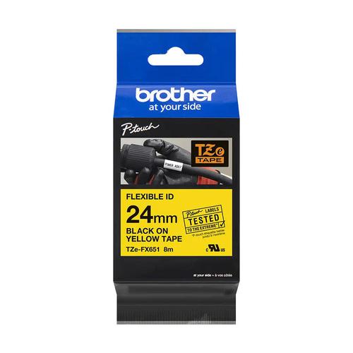 BRTZEFX651 | Choose genuine Brother TZe-FX651 labelling tape to ensure you get the job done quickly and safely.This flexible-ID labelling tape has a special adhesive that makes it ideal for use in labelling fibres and cables – the tape can easily be wrapped repeatedly around the surface if required – while the clear black on yellow colour ensures that labels are easy to read under any conditions.And this versatile TZe-FX651 labelling tape is also suitable for other applications where there are tightly curved surfaces such as pipes and conduits.Designed to withstand extremes of sunlight and temperature, as well as water, chemicals and abrasion, the TZe-FX651 is a true toolkit essential.