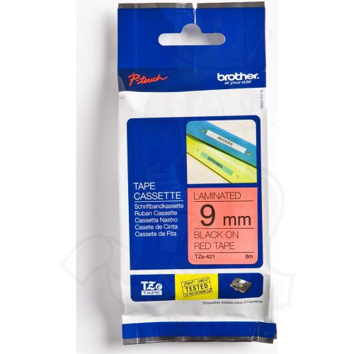 BRTZE421 | A laminate film on the tape protects text and colours from all kinds of agents such as chemicals abrasives etc.commonly found in industrial environments.Tape is waterproof and extremely temperature resistant. P-touch tape TZ-421 9mm x 8m black on red.