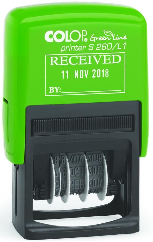 Colop Green Line S260/L1 Self Inking Word and Date Stamp RECEIVED Blue/Red Ink