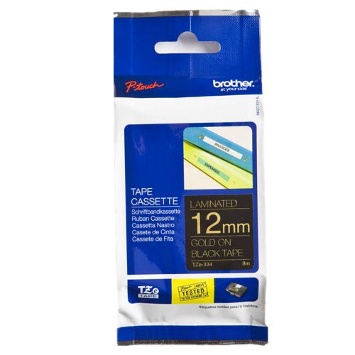 BRTZE334 | A laminate film on the tape protects text and colours from all kinds of agents such as chemicals abrasives etc.commonly found in industrial environments.Tape is waterproof and extremely temperature resistant. P-touch tape TZ-334 12mm x 8m gold on black.