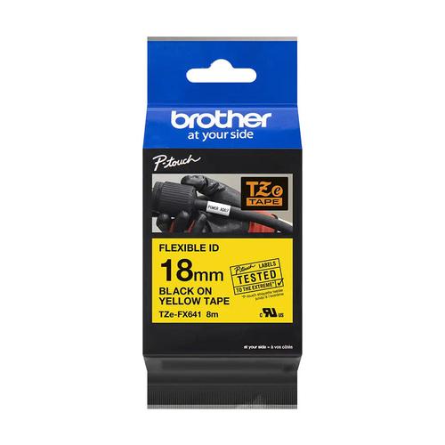BRTZEFX641 | Primarily designed for the use in the identification of cables and fibre, this 18mm TZe-FX641 labelling tape has been rigorously tested by Brother to ensure you can print ID labels quickly and efficiently. Developed with a special adhesive that allows labels to be easily applied to cable, PVC tubing or anything else cylinder-shaped, the Brother TZe-FX641 black on Yellow labelling tape is also suitable for use on other tightly curved surfaces such as pipes and conduits. Your label can either be wrapped repeatedly around the cable, or stuck to itself in the style of a flag.Compatible with a wide range of our P-touch printers, our replacement laminated labels have been developed to last, and are able to withstand extremes of temperature, sunlight, water, chemicals and abrasion.