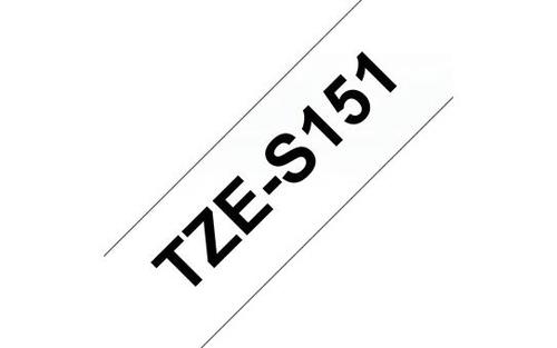 BRTZES151 | This genuine Brother TZE-S151 labelling tape cassette is guaranteed to provide you with crisp, sharp and easily readable labels that last.The special strong adhesive offers more sticking power to ensure your label stays attached on rough or uneven surfaces.Equally handy in the home, office or workplace, this laminated black on Clear TZE-S151 labelling tape can be used to identify the contents of everything from file folders and shelves to USB flash drives, as well as cables and other equipment.These self-adhesive laminated labels have been developed to withstand extremes of temperatures, and are resistant to chemicals, abrasion, sunlight and submersion in water, making them suitable for both indoor and outdoor use.TZe tape cassettes are quick and easy to install, and come in various label widths, colours and materials - ensuring your P-touch machine meets all your labelling needs.