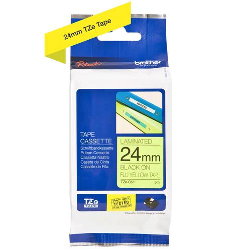 BRTZEC51 | This fluorescent, highly visible tape is ideal for displaying important information, creating signage to warn of danger, or to identify where specialist equipment or instructions can be found in an emergency situation.The replacement TZe-C51 24mm labelling tape has been rigorously tested by Brother to be as durable and dependable as possible. Using the Brother TZe-C51 black on fluorescent Yellow labelling tape means you don’t have to worry about the text fading thanks to our patented laminated technology which is designed to withstand extremes of temperature, water, sunlight and abrasion. By choosing genuine Brother TZe-C51 labelling tape, you’ll also ensure that your P-touch machine continues to work at its best and provide you with results that are clear, legible and designed to last.