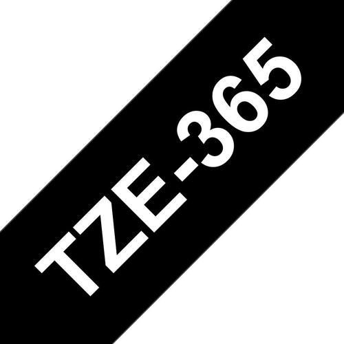 BRTZE365 | This genuine Brother TZe-365 labelling tape cassette is guaranteed to provide you with crisp, sharp and easily readable labels that last.Equally handy in the home, office or workplace, this laminated white on black TZe-365 labelling tape can be used to identify the contents of everything from file folders and shelves to USB flash drives, as well as cables and other equipment.These self-adhesive laminated labels have been developed to withstand extremes of temperatures, and are resistant to chemicals, abrasion, sunlight and submersion in water, making them suitable for both indoor and outdoor use.TZe tape cassettes are quick and easy to install, and come in various label widths, colours and materials - ensuring your P-touch machine meets all your labelling needs.