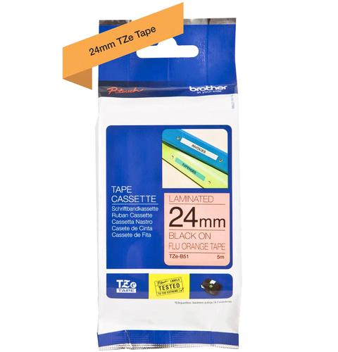 BRTZEB51 | This fluorescent, highly visible tape is ideal for displaying important information, creating signage to warn of danger, or to identify where specialist equipment or instructions can be found in an emergency situation.The replacement TZe-B51 24mm labelling tape has been rigorously tested by Brother to be as durable and dependable as possible. Using the Brother TZe-B51 black on fluorescent orange labelling tape means you don’t have to worry about the text fading thanks to our patented laminated technology which is designed to withstand extremes of temperature, water, sunlight and abrasion. By choosing genuine Brother TZe-B51 labelling tape, you’ll also ensure that your P-touch machine continues to work at its best and provide you with results that are clear, legible and designed to last.