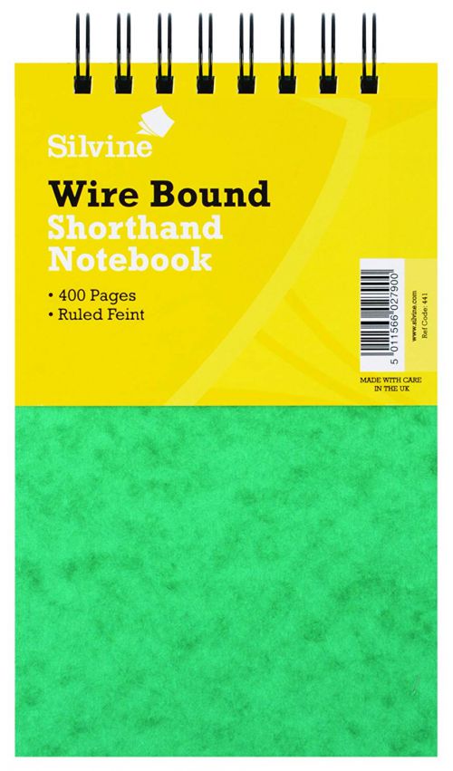 Silvine Luxpad 125x200mm Wirebound Pressboard Cover Reporters Shorthand Notebook 400 Pages Green (Pack 6) - 441 Shorthand Pads 66753SC