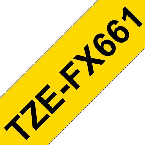 BRTZEFX661 | Primarily designed for the use in the identification of cables and fibre, this 36mm TZe-FX661 labelling tape has been rigorously tested by Brother to ensure you can print ID labels quickly and efficiently. Developed with a special adhesive that allows labels to be easily applied to cable, PVC tubing or anything else cylinder-shaped, the Brother TZe-FX661 black on Yellow labelling tape is also suitable for use on other tightly curved surfaces such as pipes and conduits. Your label can either be wrapped repeatedly around the cable, or stuck to itself in the style of a flag.Compatible with a wide range of our P-touch printers, our replacement laminated labels have been developed to last, and are able to withstand extremes of temperature, sunlight, water, chemicals and abrasion.