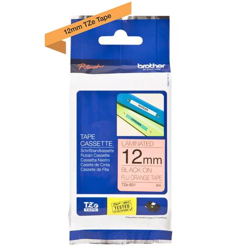 BRTZEB31 | This fluorescent, highly visible tape is ideal for displaying important information, creating signage to warn of danger, or to identify where specialist equipment or instructions can be found in an emergency situation.The replacement TZe-B31 12mm labelling tape has been rigorously tested by Brother to be as durable and dependable as possible.Using the Brother TZe-B31 black on fluorescent orange labelling tape means you don’t have to worry about the text fading thanks to our patented laminated technology which is designed to withstand extremes of temperature, water, sunlight and abrasion.By choosing genuine Brother TZe-B31 labelling tape, you’ll also ensure that your P-touch machine continues to work at its best and provide you with results that are clear, legible and designed to last.