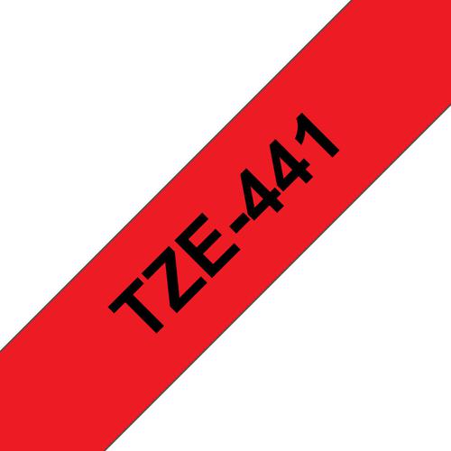 BRTZE441 | This genuine Brother TZe-441 labelling tape cassette is guaranteed to provide you with crisp, sharp and easily readable labels that last.Equally handy in the home, office or workplace, this laminated black on red TZe-441 labelling tape can be used to identify the contents of everything from file folders and shelves to USB flash drives, as well as cables and other equipment.These self-adhesive laminated labels have been developed to withstand extremes of temperatures, and are resistant to chemicals, abrasion, sunlight and submersion in water, making them suitable for both indoor and outdoor use.TZe tape cassettes are quick and easy to install, and come in various label widths, colours and materials - ensuring your P-touch machine meets all your labelling needs.