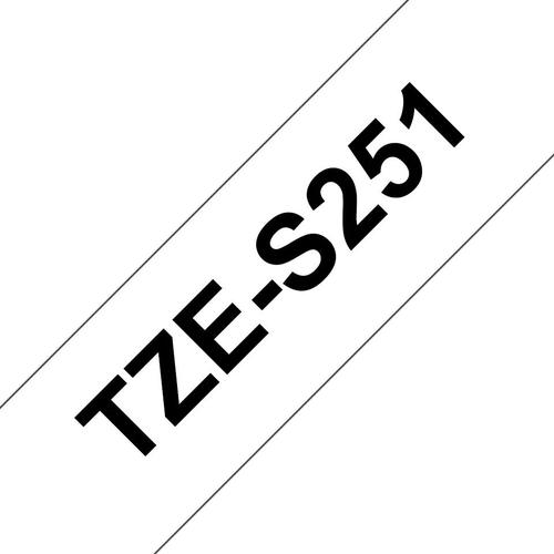 BRTZES251 | This TZe-S251 labelling tape has been rigorously tested by Brother to be as dependable as possible. With a patented laminated coating, this black on white strong adhesive tape is designed to withstand extremes of temperature, sunlight, water, chemicals and abrasion.Although standard adhesive P-touch TZe labels are incredibly durable, the extra strength adhesive used on this TZe-S251 24mm wide tape is slightly softer, allowing it to attach more easily to textured surfaces and stay put for longer.This means that this genuine Brother TZe-S251 tape is ideal for use on surfaces which need a bit of extra sticking power, such as metal cabinets, textured plastic, and other items without smooth surfaces.