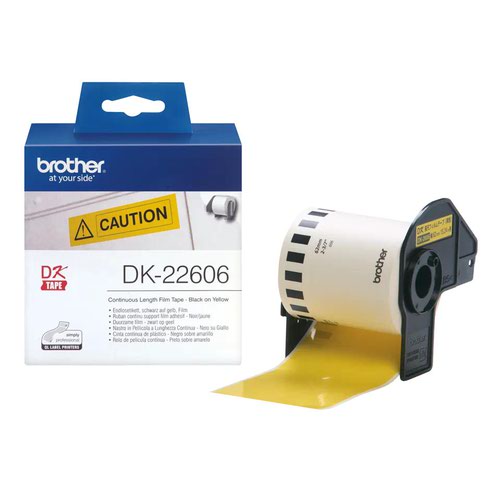Brother Continuous Film Labelling Tape 62mm x 15.24m Black on Yellow DK22606