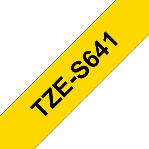 BRTZES641 | This genuine Brother TZe-S641 labelling tape cassette is guaranteed to provide you with crisp, sharp and easily readable labels that last.The special strong adhesive offers more sticking power to ensure your label stays attached on rough or uneven surfaces.Equally handy in the home, office or workplace, this laminated black on Yellow TZe-S641 labelling tape can be used to identify the contents of everything from file folders and shelves to USB flash drives, as well as cables and other equipment.These self-adhesive laminated labels have been developed to withstand extremes of temperatures, and are resistant to chemicals, abrasion, sunlight and submersion in water, making them suitable for both indoor and outdoor use.TZe tape cassettes are quick and easy to install, and come in various label widths, colours and materials - ensuring your P-touch machine meets all your labelling needs.