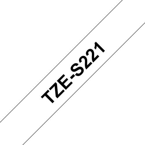 BRTZES221 | This genuine Brother TZe-S221 labelling tape cassette is guaranteed to provide you with crisp, sharp and easily readable labels that last.The special strong adhesive offers more sticking power to ensure your label stays attached on rough or uneven surfaces.Equally handy in the home, office or workplace, this laminated black on white TZe-S221 labelling tape can be used to identify the contents of everything from file folders and shelves to USB flash drives, as well as cables and other equipment.These self-adhesive laminated labels have been developed to withstand extremes of temperatures, and are resistant to chemicals, abrasion, sunlight and submersion in water, making them suitable for both indoor and outdoor use.TZe tape cassettes are quick and easy to install, and come in various label widths, colours and materials - ensuring your P-touch machine meets all your labelling needs.