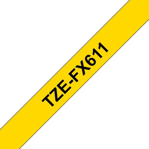 BROTZFX611 | Primarily designed for the use in the identification of cables and fibre, this 6mm TZe-FX611 labelling tape has been rigorously tested by Brother to ensure you can print ID labels quickly and efficiently. Developed with a special adhesive that allows labels to be easily applied to cable, PVC tubing or anything else cylinder-shaped, the Brother TZe-FX611 black on Yellow labelling tape is also suitable for use on other tightly curved surfaces such as pipes and conduits. Your label can either be wrapped repeatedly around the cable, or stuck to itself in the style of a flag.Compatible with a wide range of our P-touch printers, our replacement laminated labels have been developed to last, and are able to withstand extremes of temperature, sunlight, water, chemicals and abrasion.