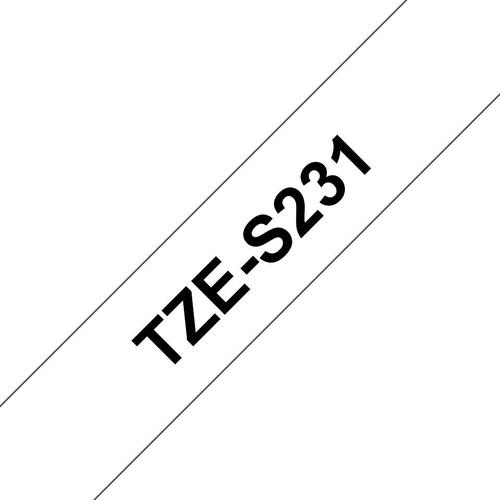 BRTZES231 | This genuine Brother TZe-S231 labelling tape cassette is guaranteed to provide you with crisp, sharp and easily readable labels that last.Equally handy in the home, office or workplace, this laminated black on white TZe-S231 labelling tape can be used to identify the contents of everything from file folders and shelves to USB flash drives, as well as cables and other equipment.These self-adhesive laminated labels have been developed to withstand extremes of temperatures, and are resistant to chemicals, abrasion, sunlight and submersion in water, making them suitable for both indoor and outdoor use.TZe tape cassettes are quick and easy to install, and come in various label widths, colours and materials - ensuring your P-touch machine meets all your labelling needs.