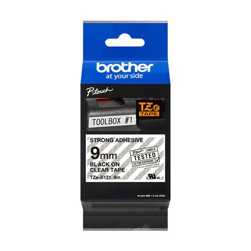 BRTZES121 | This genuine Brother TZe-S121 labelling tape cassette is guaranteed to provide you with crisp, sharp and easily readable labels that last.The special strong adhesive offers more sticking power to ensure your label stays attached on rough or uneven surfaces.Equally handy in the home, office or workplace, this laminated black on Clear TZe-S121 labelling tape can be used to identify the contents of everything from file folders and shelves to USB flash drives, as well as cables and other equipment.These self-adhesive laminated labels have been developed to withstand extremes of temperatures, and are resistant to chemicals, abrasion, sunlight and submersion in water, making them suitable for both indoor and outdoor use.TZe tape cassettes are quick and easy to install, and come in various label widths, colours and materials - ensuring your P-touch machine meets all your labelling needs.