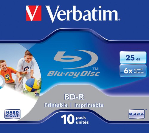 VER43713 | Blu-ray discs were designed for high definition. With their high capacity, Blu-ray discs can record, store and play back large high definition video and audio files. Verbatim Blu-ray discs are compatible with the latest Blu-ray players and writers from the industry’s leading manufacturers, and from a company with 50 years of experience, Verbatim Blu-ray discs come with a Limited Lifetime Warranty and the peace of mind knowing that this is a technology that you can trust.With capacities from more than 5 times that of a DVD, BD-R (25GB) discs are excellent for storing HD home movies, large photo files and music. If you need a larger capacity then BD-R DL (50GB) or BD-R XL (100GB) discs are ideal for storing everything you need without the addition of more discs. BD-RE discs allow you to record and re-write data up to 1000 times!