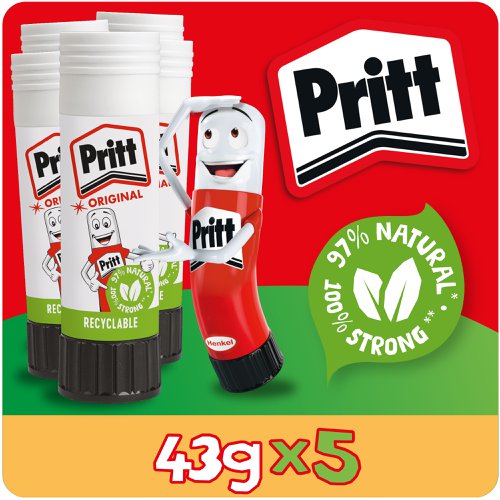 Pritt Original Glue Stick Sustainable Long Lasting Strong Adhesive Solvent Free Value Pack 43g (Pack 5) - 1456072  38259HK