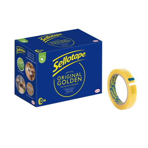 38077HK | Britain's No.1 sticky tape. Ideal for everyday use, this Sellotape Original Golden Tape provides excellent adhesion and outstanding control. An easy tear roll lets you cleanly break off a piece of tape, without the need for scissors. This non-static, clear tape will bond paper, card and other materials quickly and efficiently.