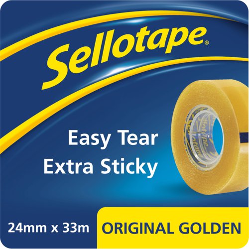 38084HK | Britain's No.1 sticky tape. Ideal for everyday use, this Sellotape Original Golden Tape provides excellent adhesion and outstanding control. An easy tear roll lets you cleanly break off a piece of tape, without the need for scissors. This non-static, clear tape will bond paper, card and other materials quickly and efficiently.