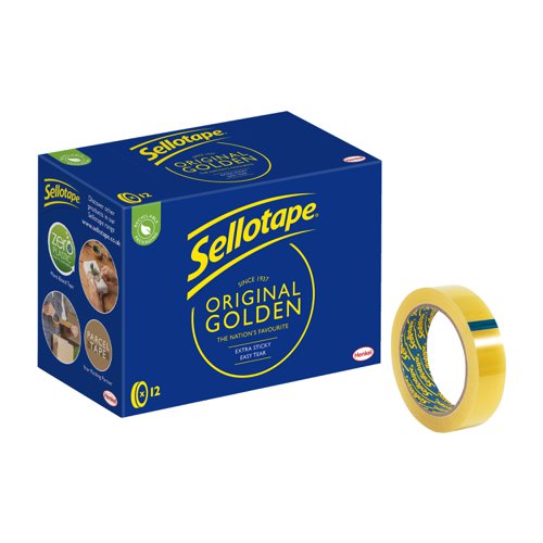 38091HK | Britain's No.1 sticky tape. Ideal for everyday use, this Sellotape Original Golden Tape provides excellent adhesion and outstanding control. An easy tear roll lets you cleanly break off a piece of tape, without the need for scissors. This non-static, clear tape will bond paper, card and other materials quickly and efficiently.