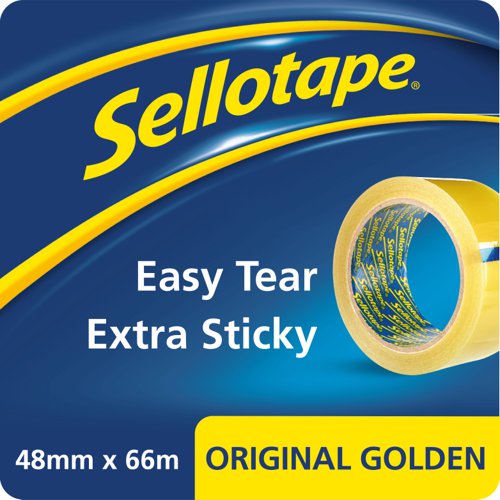 38098HK | Sticking it all together since 1937, Sellotape Original Golden Sticky Tape is the sticky tape market leader with quality you can trust. 48mm x 66m. Sellotape Original Golden Sticky Tape is the workplace essential for excellence. It provides a strong and long-lasting adhesion and offers an outstanding performance for your everyday taping tasks. Easy to unwind and tear, it ensures a comfortable and seamless application, and its anti-tangle design makes it convenient and very easy to use. The thin and golden tape is clear on application and makes it ideal for sticking all sorts of papers and documents, as well as sealing envelopes in the workplace. Sellotape Original Golden Sticky Tape has a width of 48mm and a length of 66m.